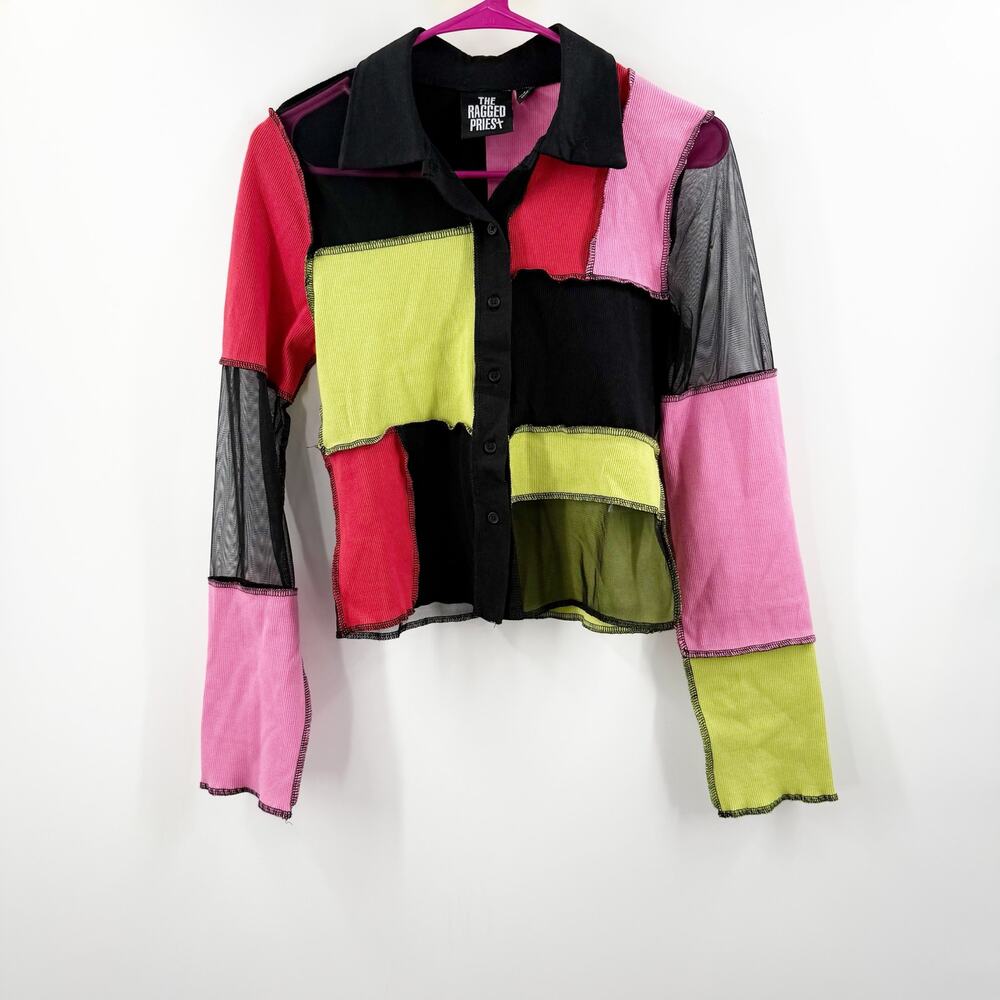 The Ragged Priest Top Size 12 Patchwork Mesh Blitz Colorblock Long Sleeve Y2K